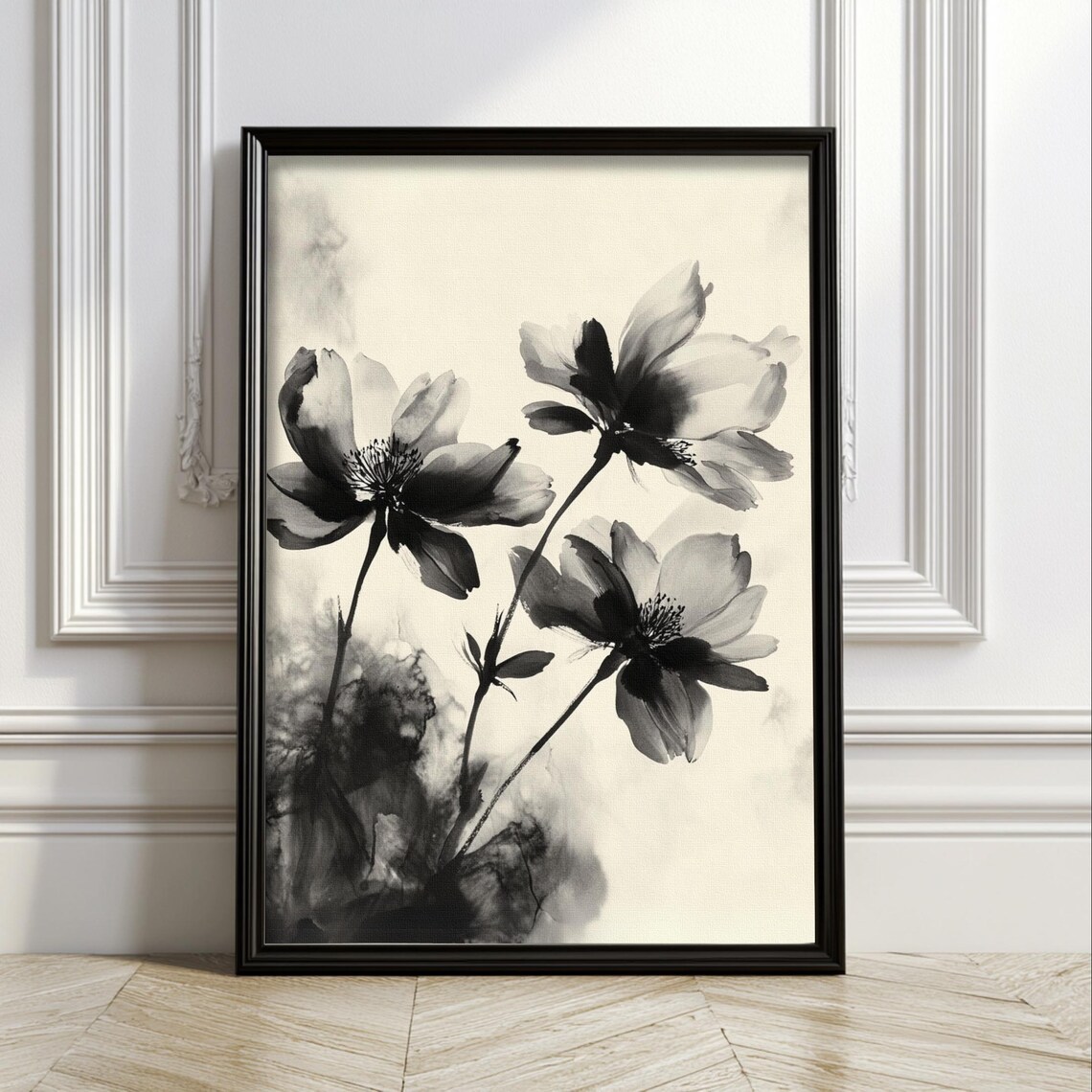 Japanese Black Ink Cosmos Flowers Minimalist Zen Botanical Poster