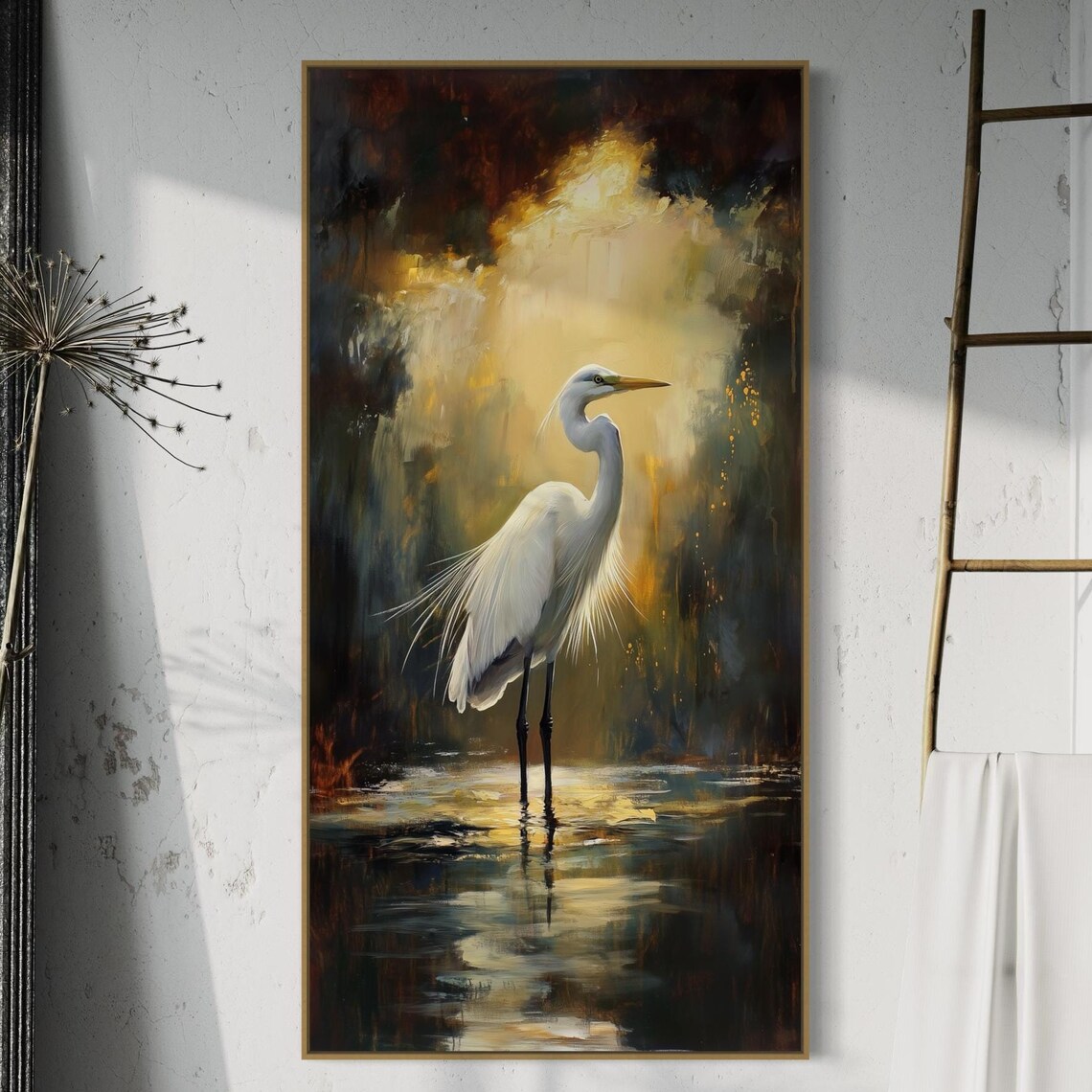 Golden Light Heron Wildlife Art Print, Living Room