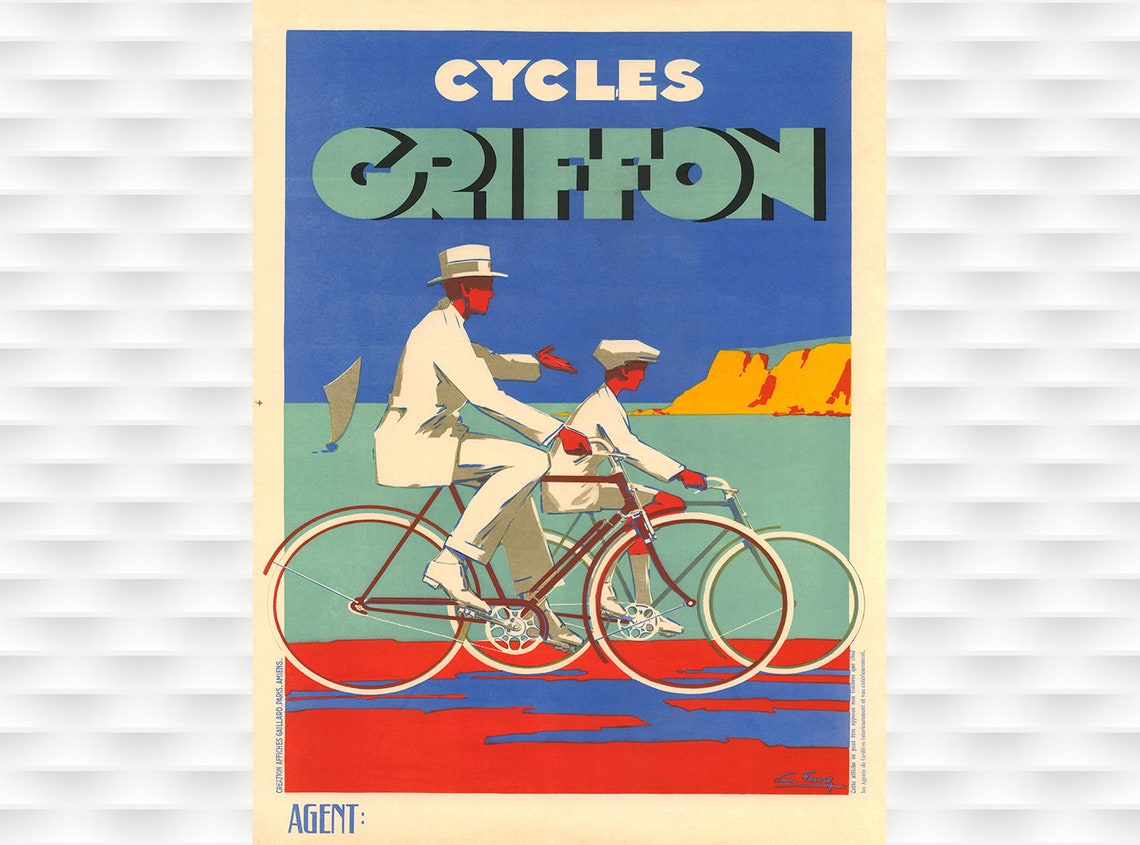 Cycles Griffon Art Deco Seaside Cyclists Vintage French Poster