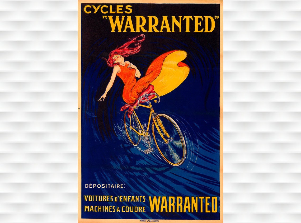 Cycles Warranted Vintage Bicycle Red Dress Night Ride Art Poster