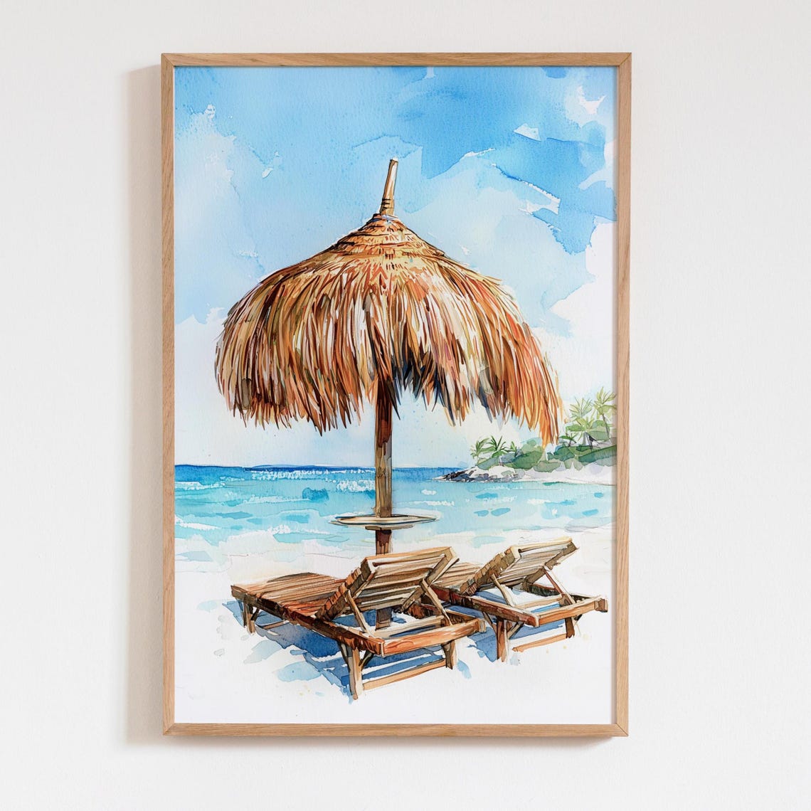 Tropical Beach Straw Umbrella Lounge Chairs Watercolor Poster