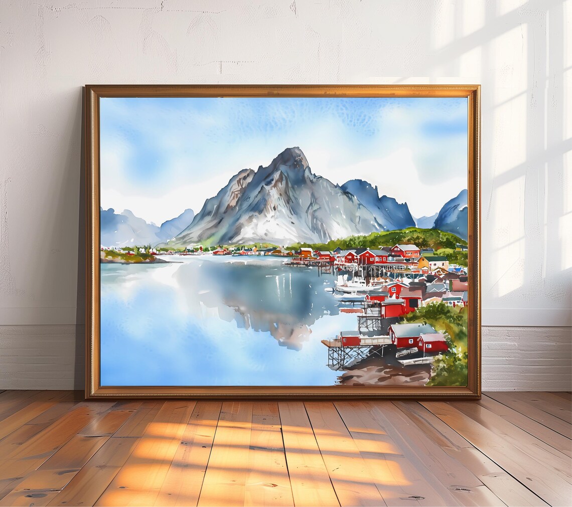 Lofoten Islands Watercolor Print, Scandinavian Landscape