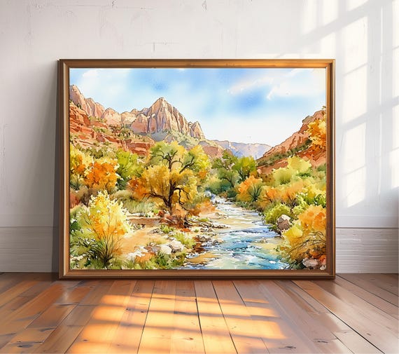 Zion National Park Watercolor Art Print, Autumn Landscape