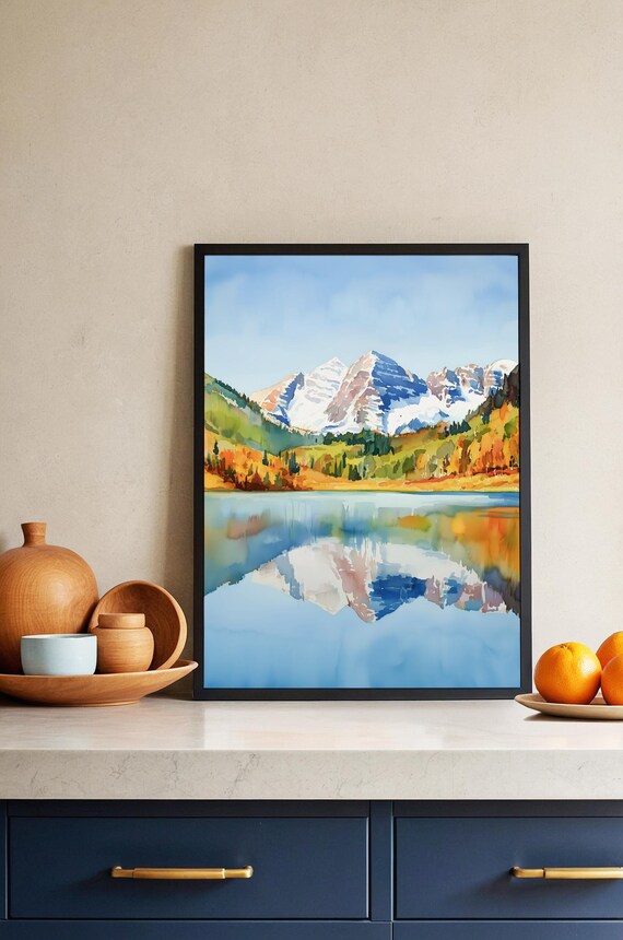 Watercolor Maroon Bells Autumn Landscape Mountain Lake Reflection Art Serene Nature Wall Decor Travel Gift For Mom Dad Friend