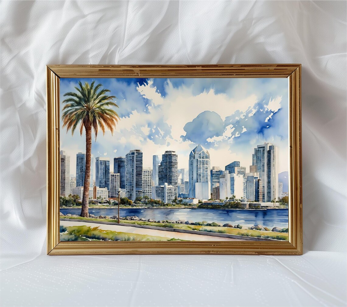 San Diego Skyline Palm Watercolor California Bay City Poster