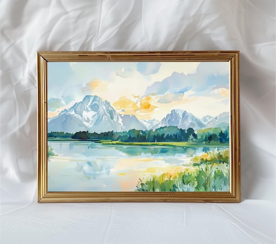 Oxbow Bend Grand Teton Watercolor Mountain Lake Sunset Wall Art