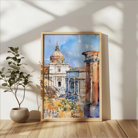 Roman Forum Watercolor Art Print Ancient Rome Painting Italian Architecture Wall Decor Pastel Cityscape Travel Artwork