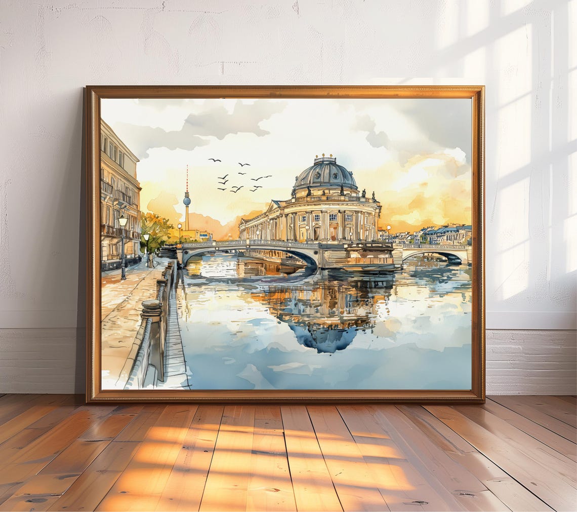 Bodemuseum Berlin Watercolor Museum Island Spree Sunset Wall Art