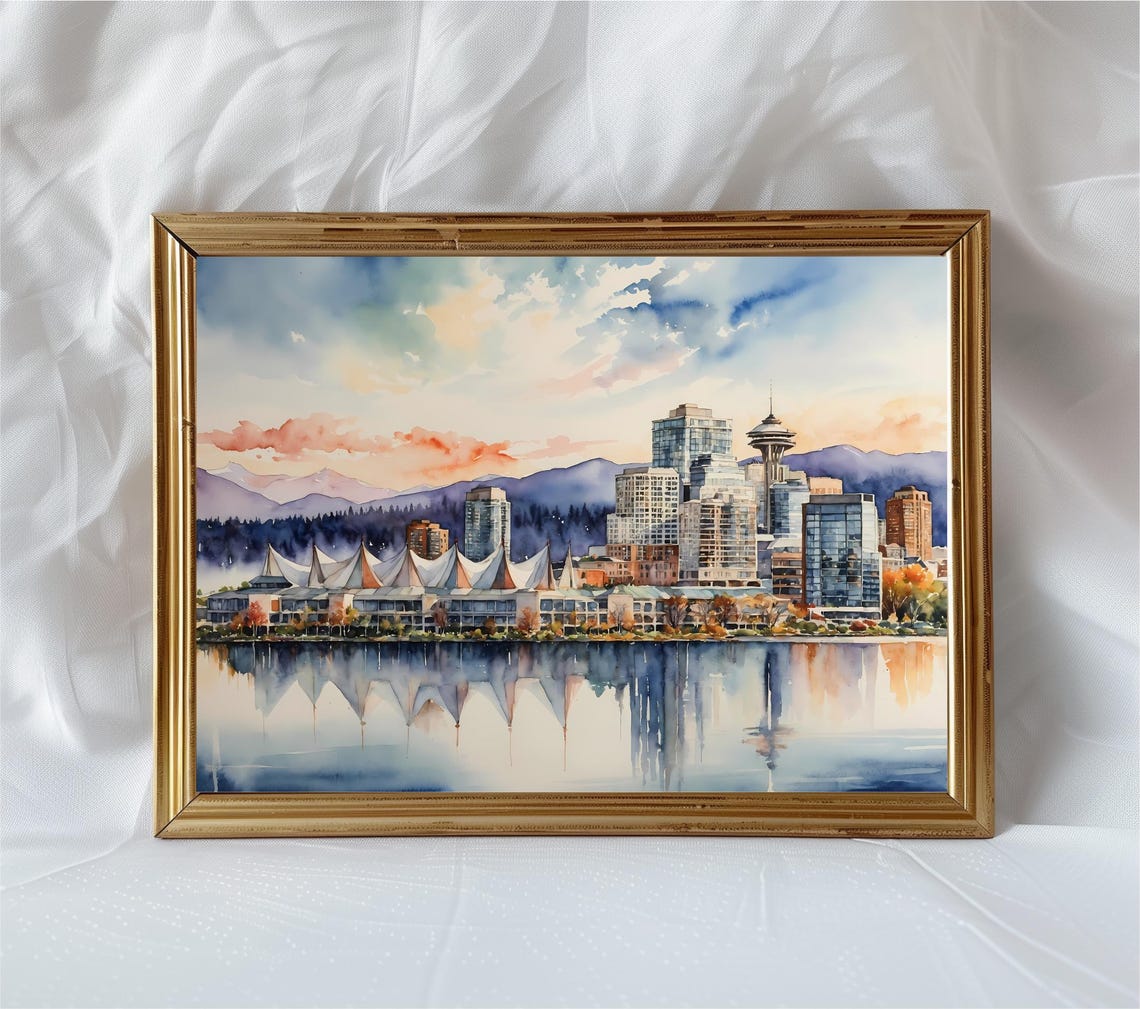 Vancouver Canada Skyline Watercolor Harbor Reflections Wall Art