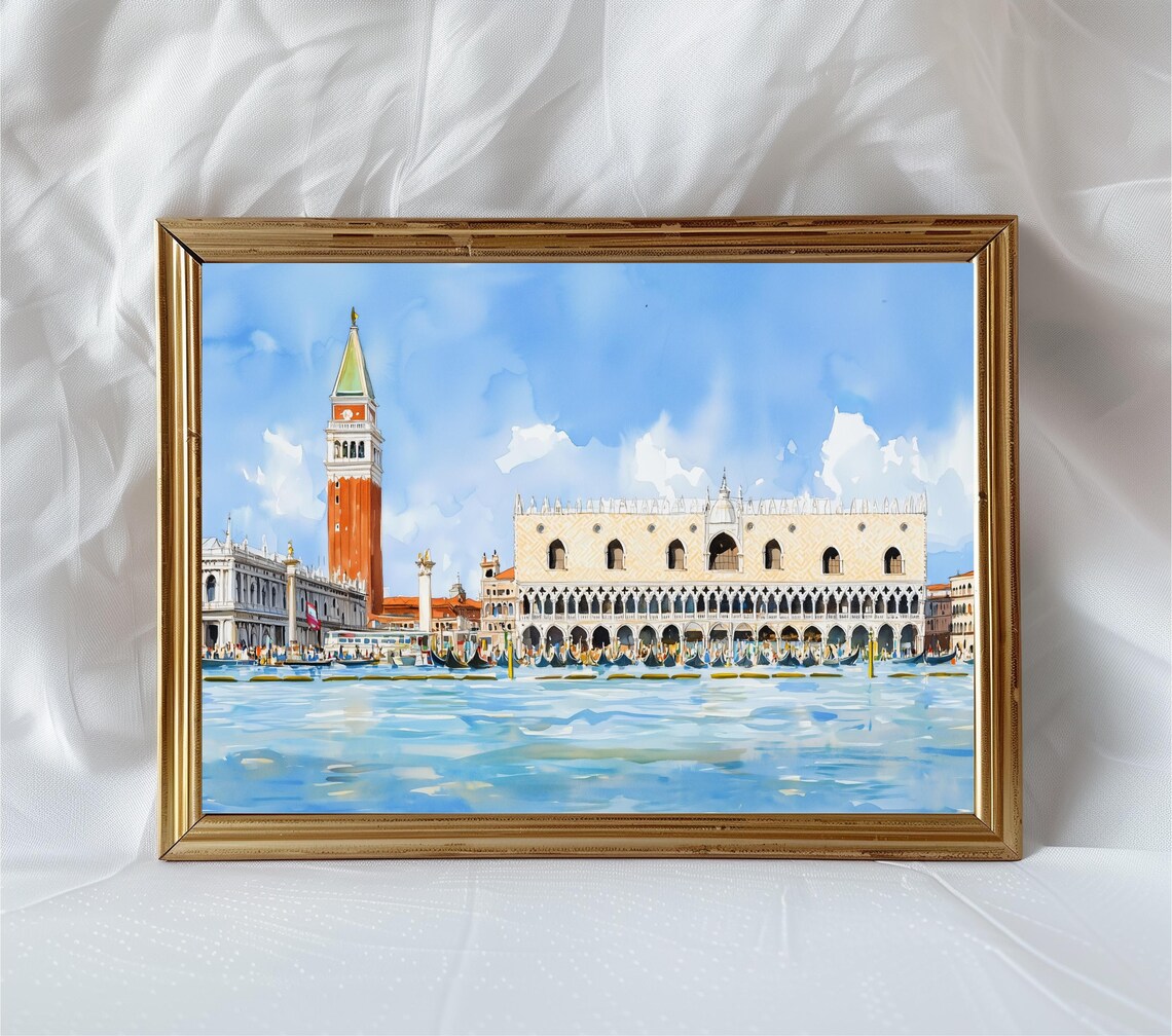 Venice Piazza San Marco Watercolor Gondolas Italy Travel Poster