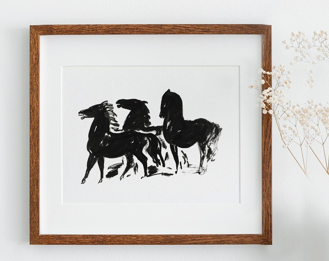 Three Black Horses Ink Sketch Minimalist Equine Drawing Wall Art