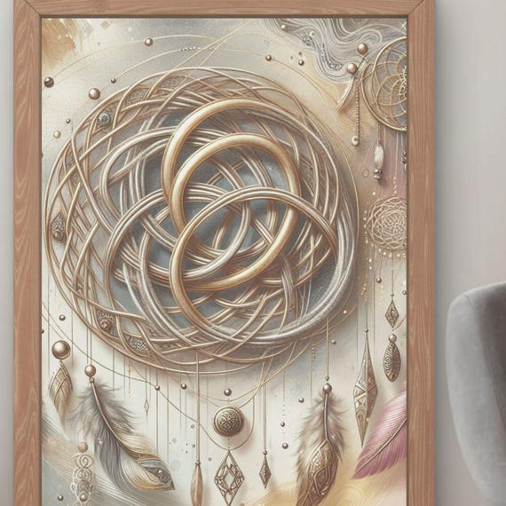 Golden Dreamcatcher Interlocking Rings Boho Spiritual Art Poster
