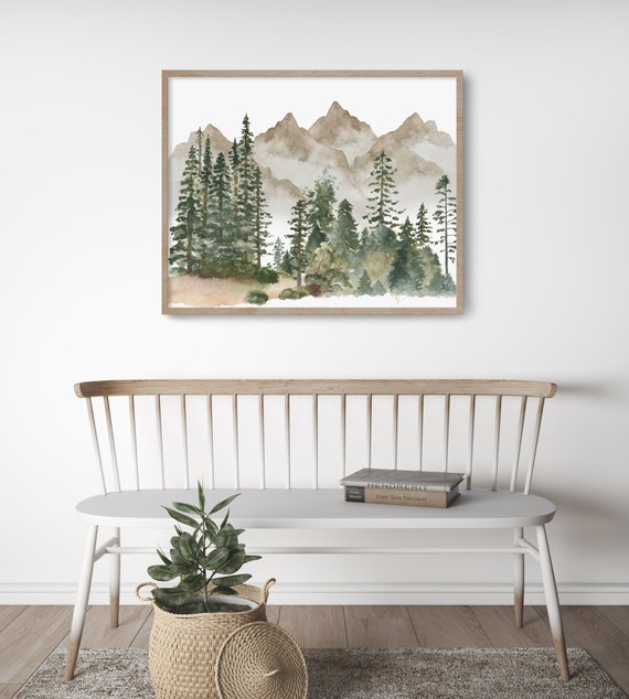 Watercolor Landscape Painting Mountains Wilderness Evergreen Trees Nature Lover Gift Home Decor Western Art Forest Woods Outdoors