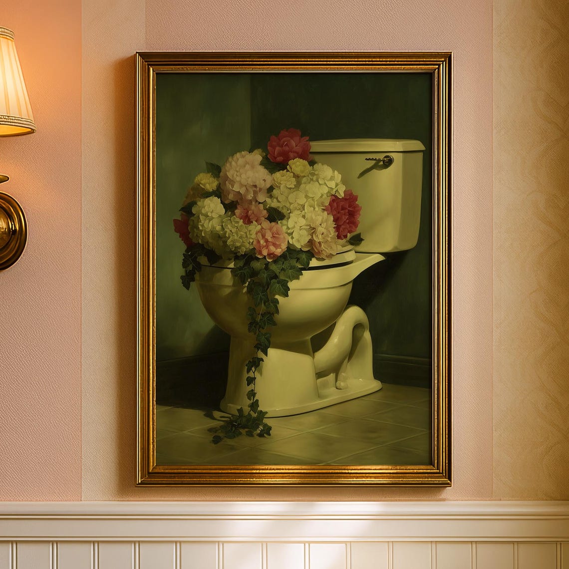 Oil Painting Toilet Vase Overflowing Hydrangea Blooms Poster