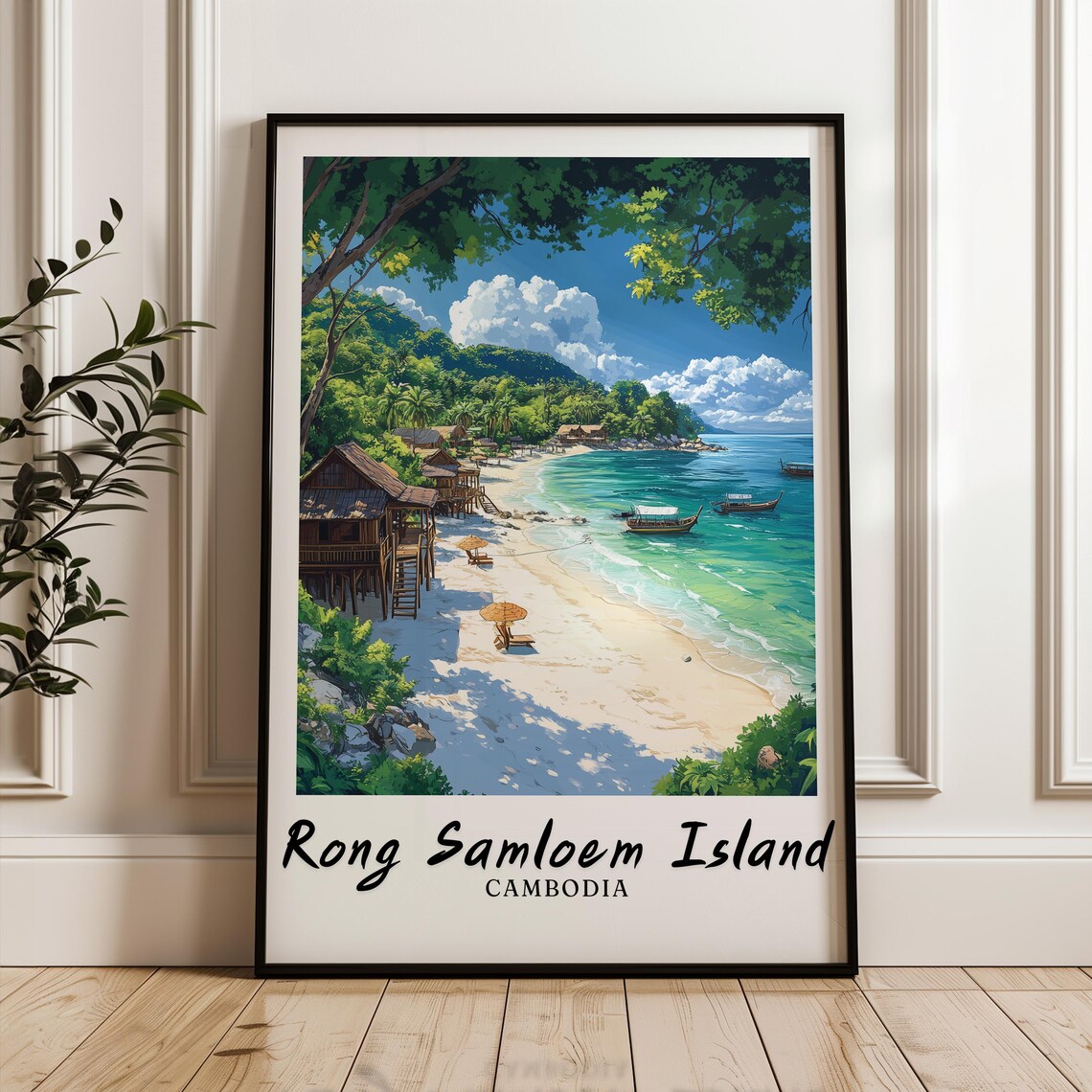 Rong Samloem Island Cambodia Tropical Beach Bungalows Travel Poster