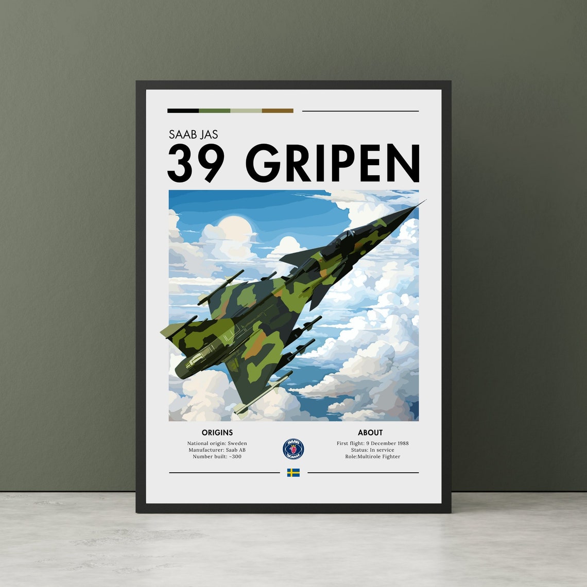 Saab JAS 39 Gripen Swedish Camouflage Fighter Jet Art Poster
