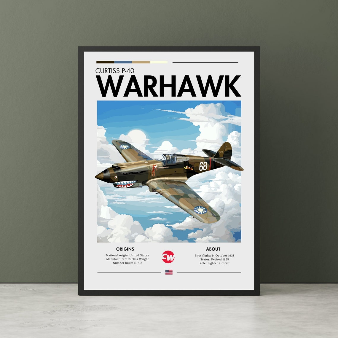 Curtiss P-40 Warhawk Flying Tigers Fighter Aircraft History Poster