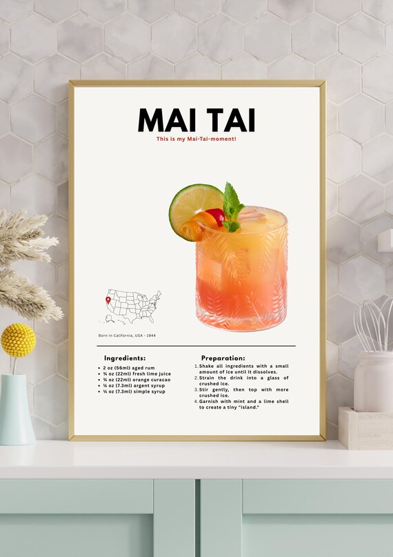 Mai Tai Tropical Cocktail Recipe Born California 1944 Kitchen Bar Decor Poster