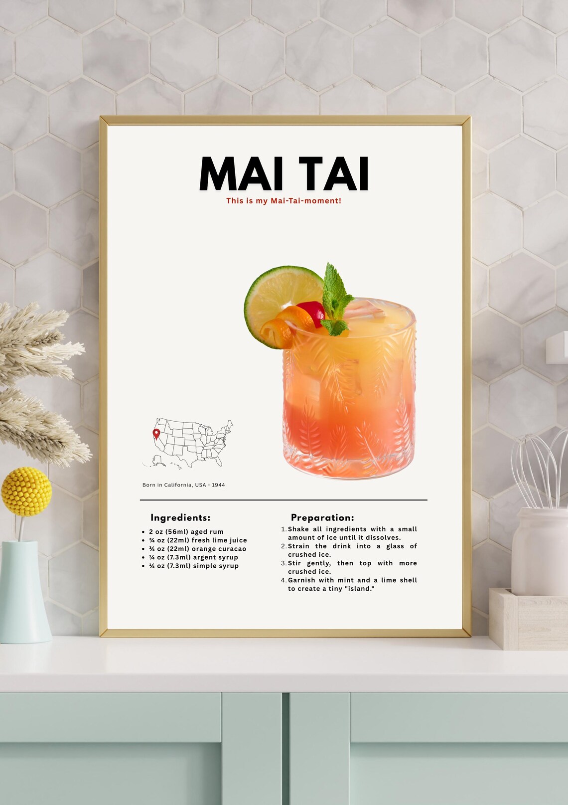 Mai Tai Tropical Cocktail Recipe Born California 1944 Kitchen Bar Decor Poster