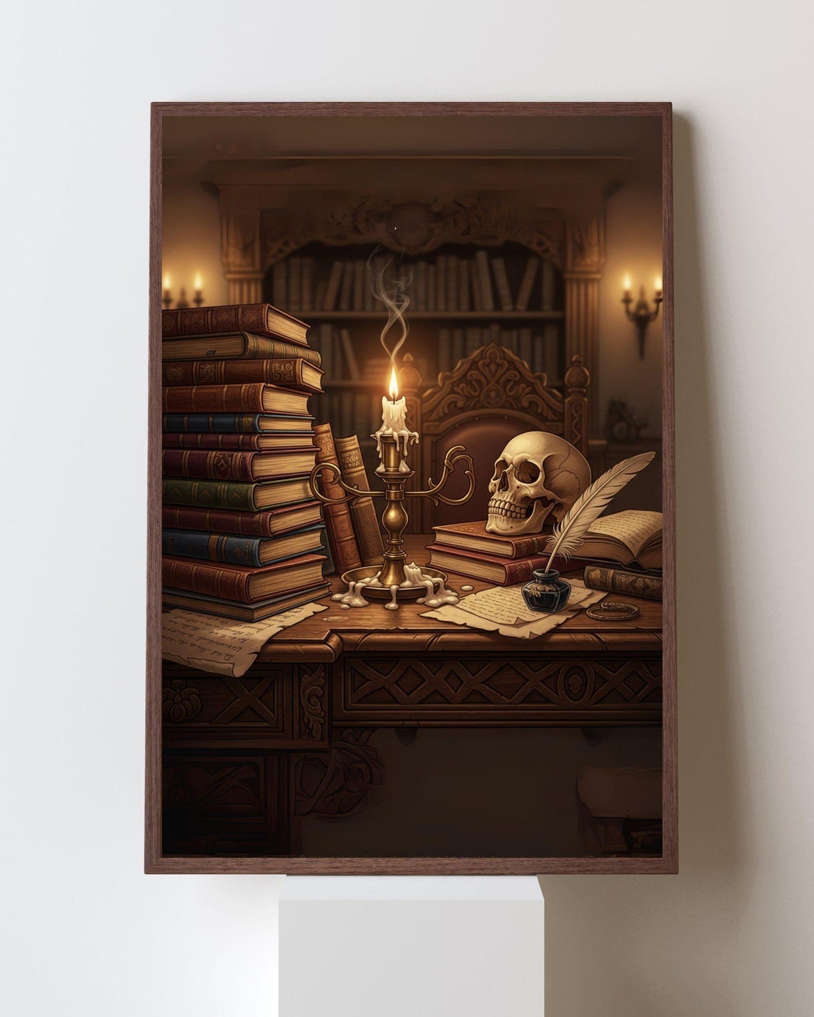 Dark Academia Gothic Skull Candle Stack Of Books Study Room Print