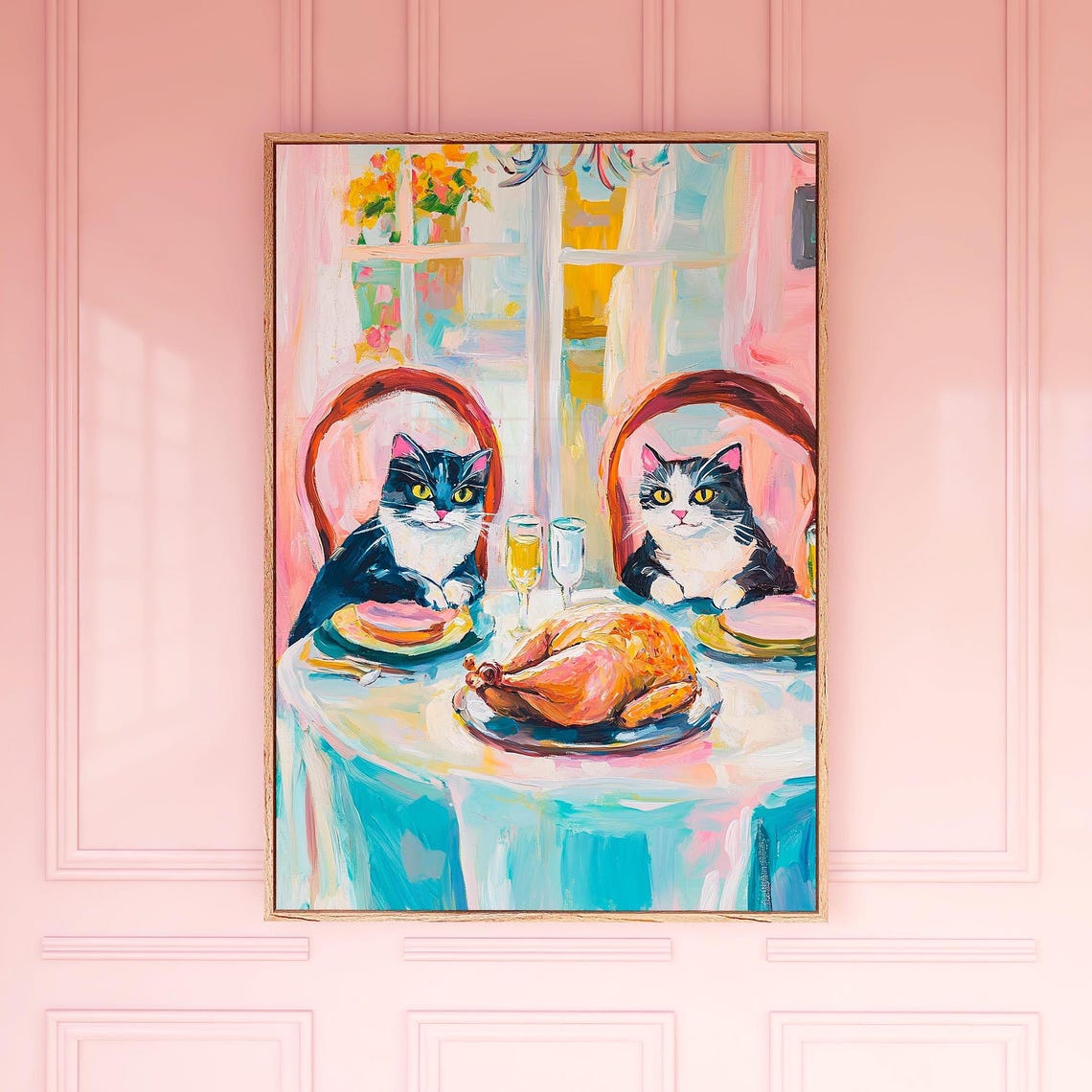 Two Cats Sharing Roast Chicken Dinner Date Funny Kitchen Wall Art