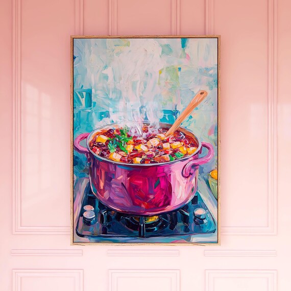 Steaming Pot of Chili Painting Poster Hearty Stew on Gas Stove Art