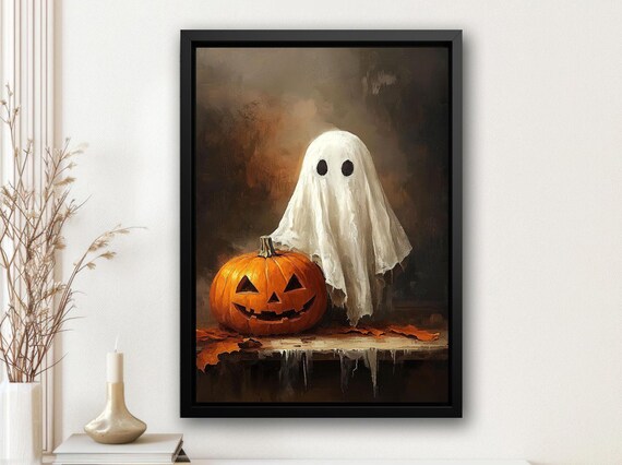 Cute Ghost With Jack O Lantern Pumpkin Vintage Halloween Print
