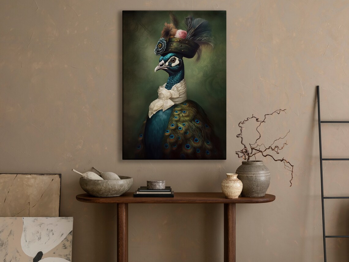 Peacock Gentleman In Victorian Feather Hat And White Bow Animal Art Poster - Image 4