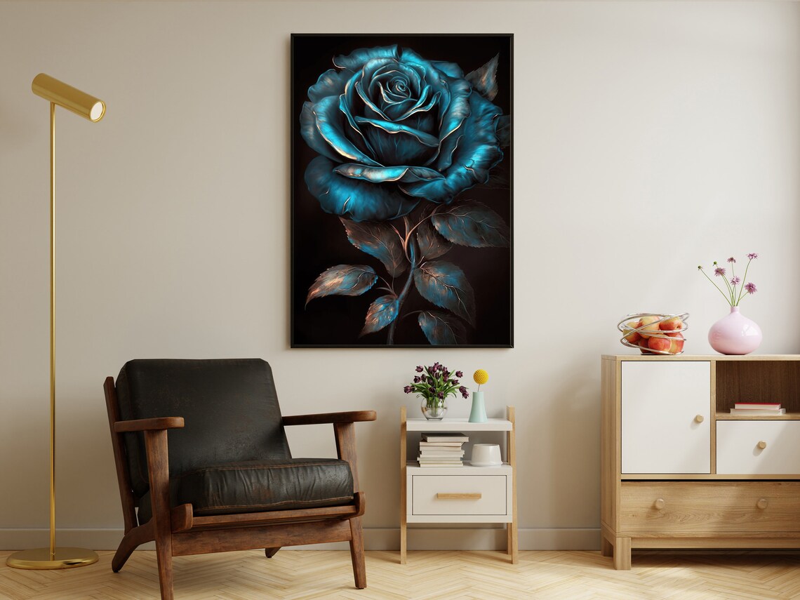 Dark Blue Rose Black Background Moody Floral Still Life Wall Art Poster - Image 2