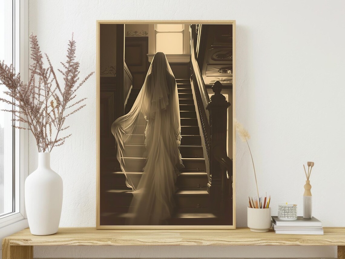 Ghost Bride Ascending Grand Wooden Staircase Sepia Vintage Haunted Poster - Image 3