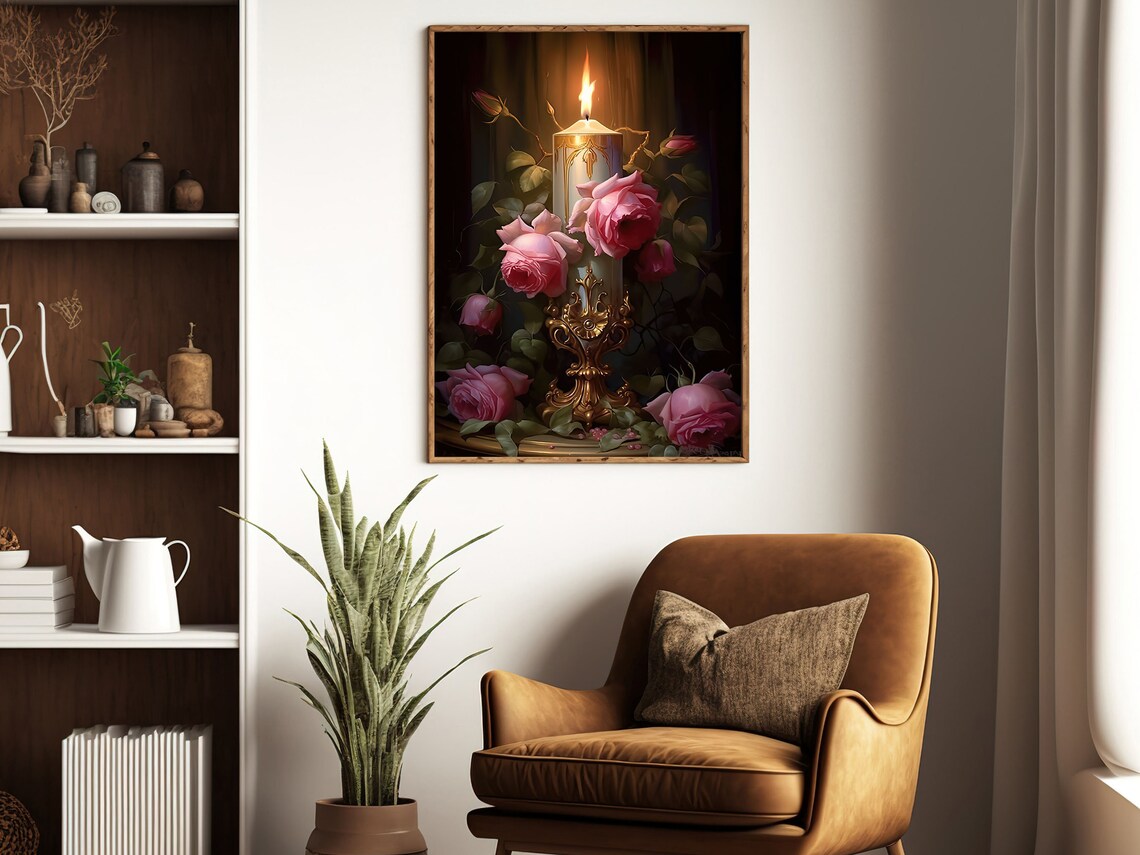 Single White Candle Pink Roses Gold Holder Dark Romantic Still Life Poster - Image 2