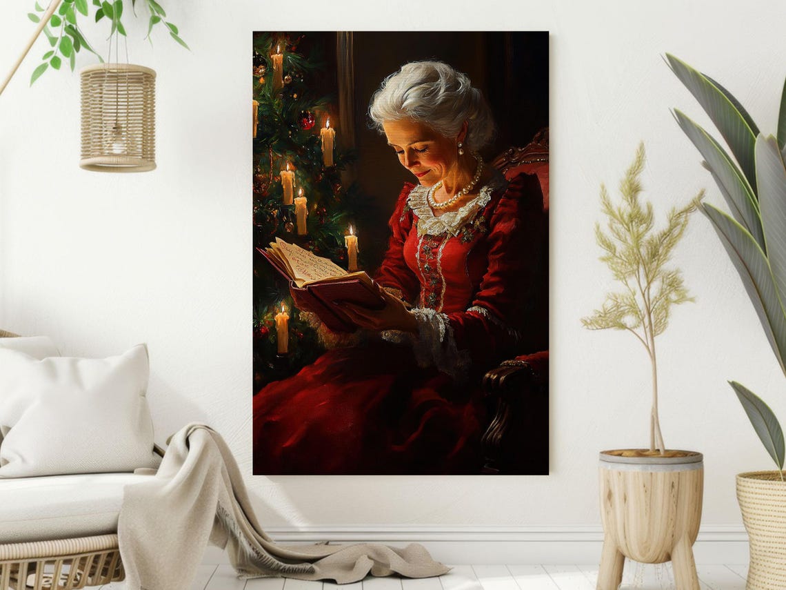 Vintage Mrs Claus Reading by Candlelight Beside Christmas Tree Poster - Image 2