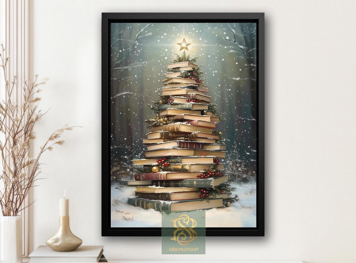 Vintage Christmas Book Tree Art Print, Winter Decor
