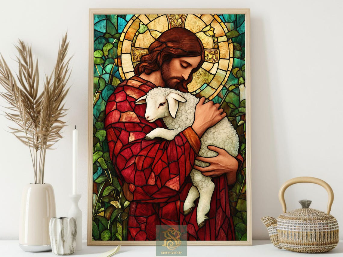 Jesus the Good Shepherd Holding Lamb Stained Glass Style Poster - Image 4