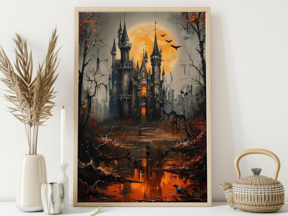 Dark Gothic Castle Under Orange Full Moon Bats and Crows Halloween Poster - Image 4