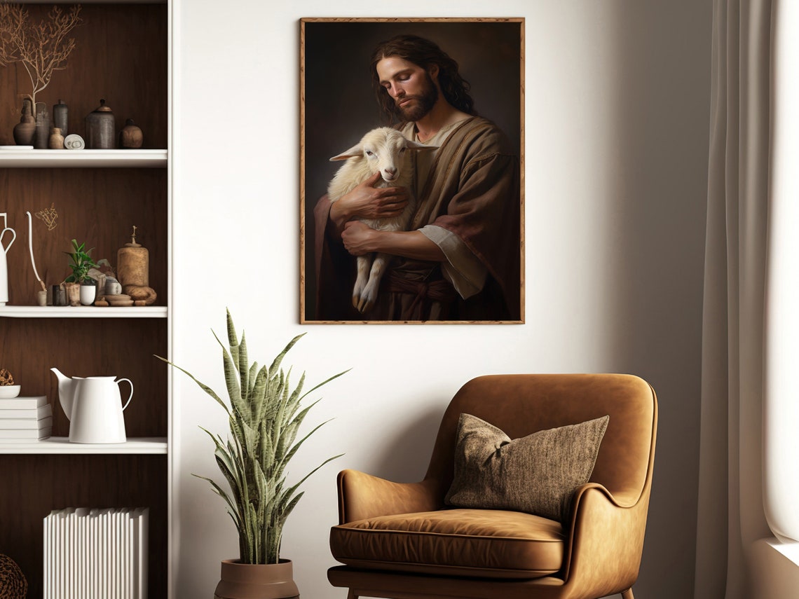 Good Shepherd Jesus Holding Lamb Classic Christian Faith Poster - Image 2