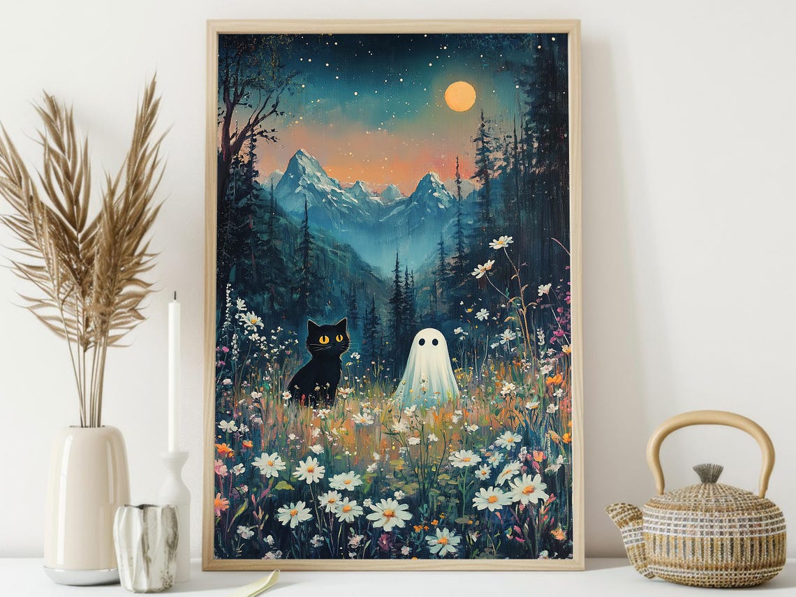 Black Cat And Ghost In Moonlit Wildflower Meadow Night Art Print - Image 3