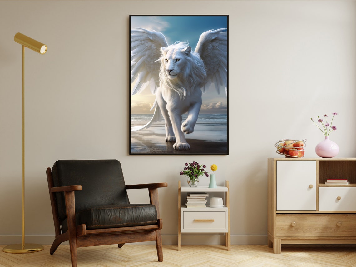 Majestic White Winged Lion Walking On A Sunset Beach Fantasy Poster - Image 2