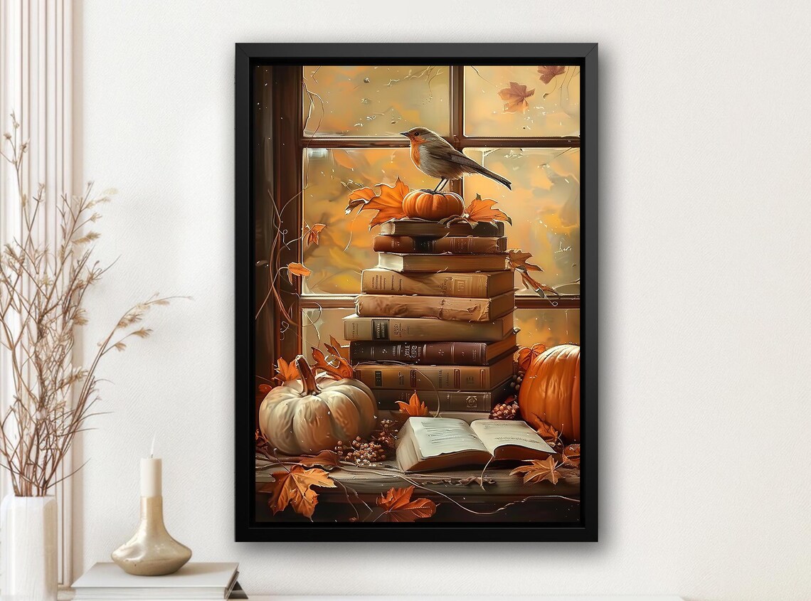 Autumn Books Pumpkins and Robin by Window Cozy Still Life Art Poster