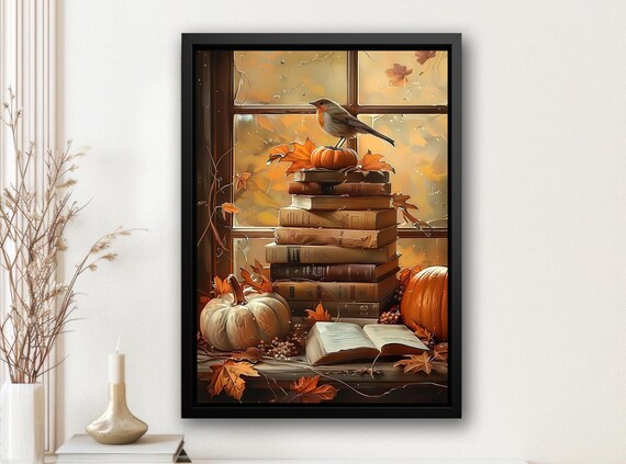 Autumn Books Pumpkins and Robin by Window Cozy Still Life Art Poster