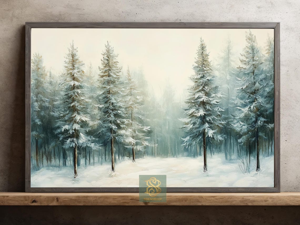 Snow Covered Pine Trees In Misty Winter Forest Serene White Wall Art