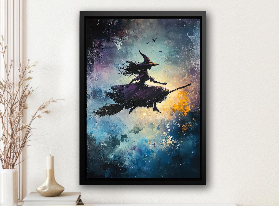 Witch On Broom Flying Through Swirling Painterly Midnight Sky Print
