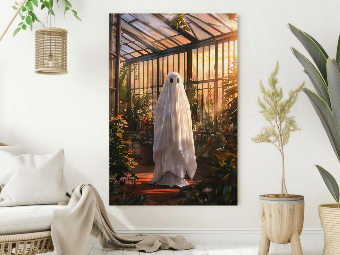 Ghost in Sunlit Greenhouse Among Lush Plants Warm Botanical Halloween Poster - Image 2