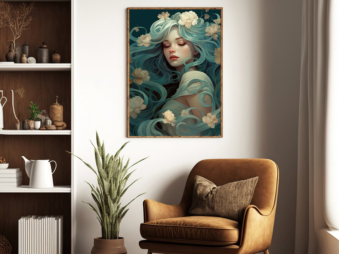 Ethereal Woman With Flowing Teal Hair And Cream Flowers Poster - Image 3