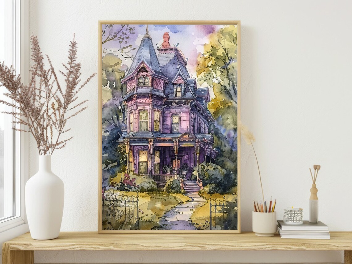 Pink Victorian Mansion Tower Watercolor Haunted House Halloween Dreamy Art Poster - Image 3