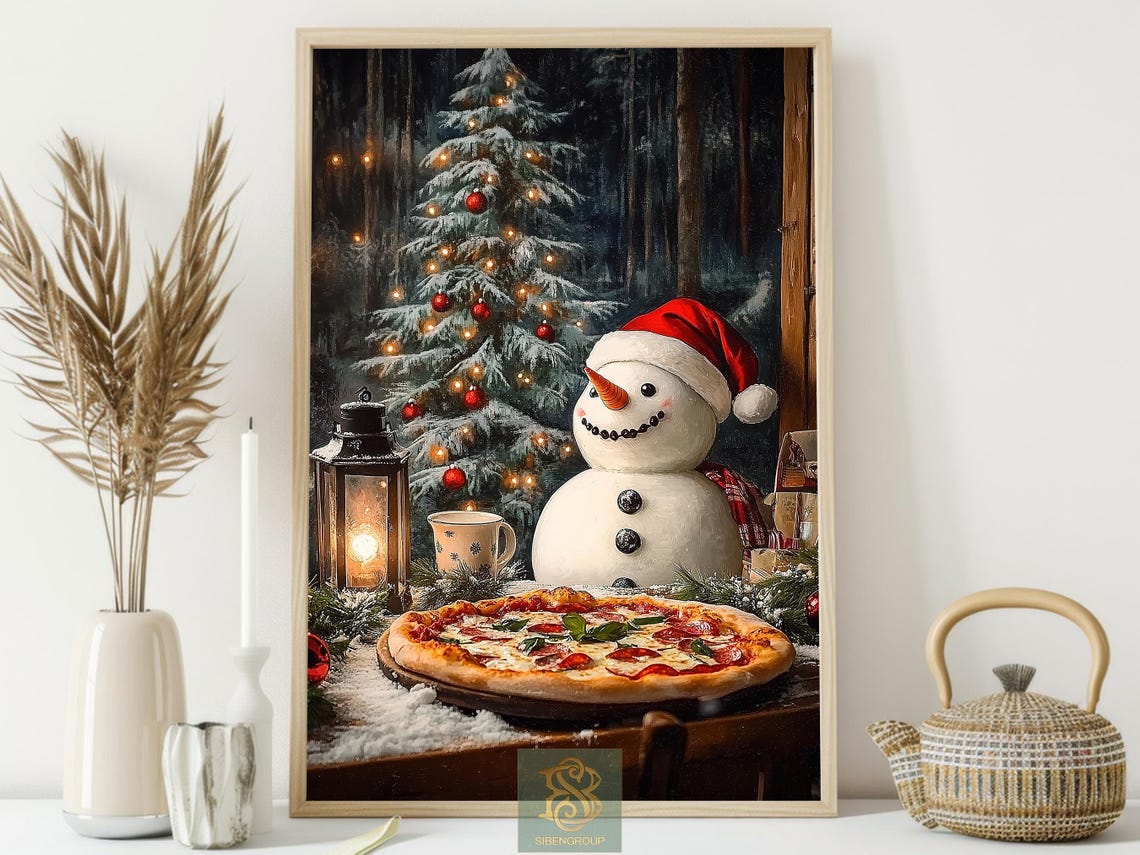 Cheerful Snowman In Santa Hat With Pizza Beside Christmas Tree Print - Image 3