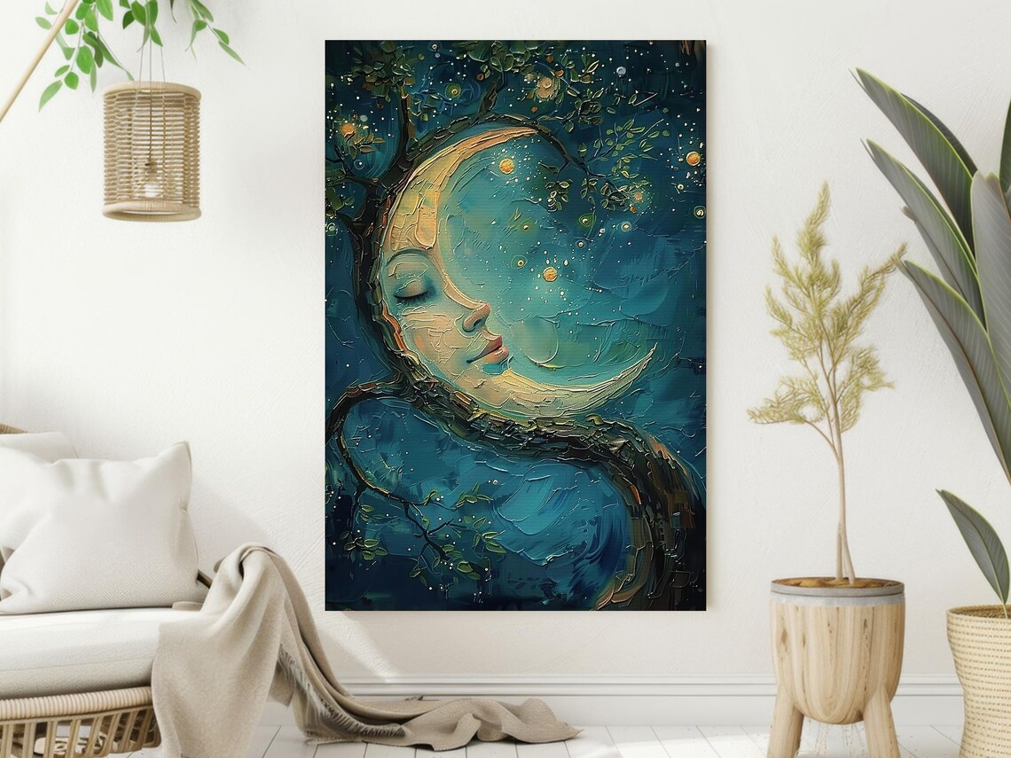 Sleeping Crescent Moon Face in Starry Tree Impasto Night Sky Art Poster - Image 2