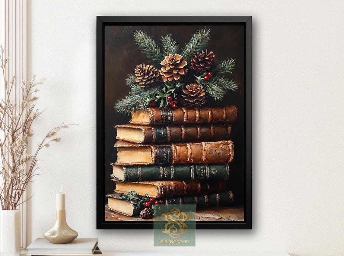 Vintage Stack of Old Books With Pinecones and Holly Art Print