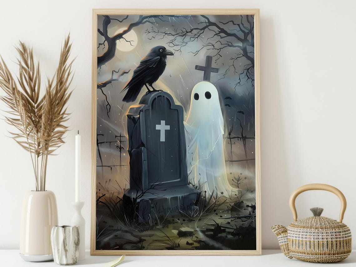 Cute Ghost with Raven on Tombstone Moonlit Graveyard Halloween Poster - Image 3