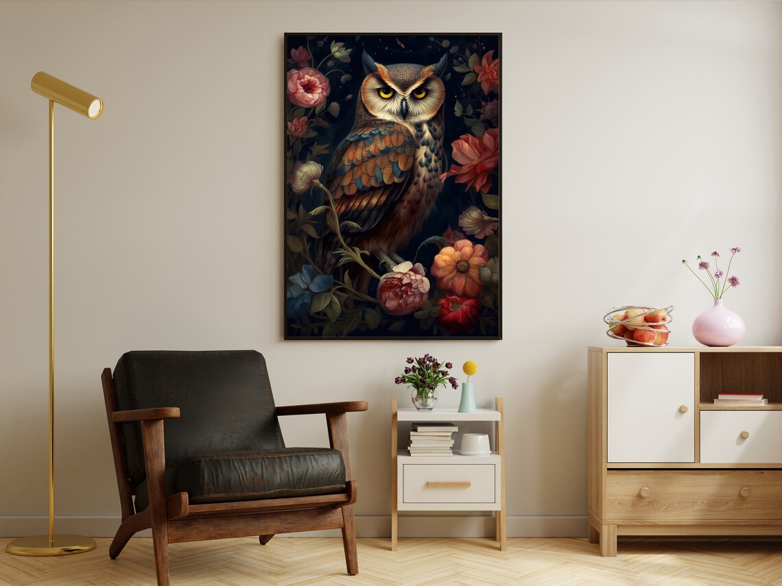 Wise Owl Among Vivid Blooms On Dark Midnight Blue Floral Animal Art Poster - Image 4